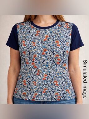 Tory Burch Silk Front Linen Top Bird Print Short Sleeve Blue Graphic Blouse L